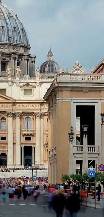 Historic cityscape with domed architecture and bustling street.