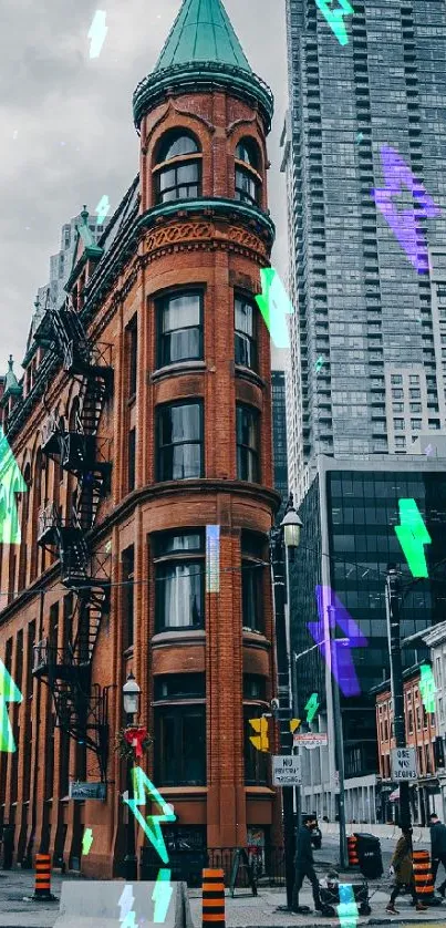 Iconic red-brick building amidst city skyscrapers in an urban setting.