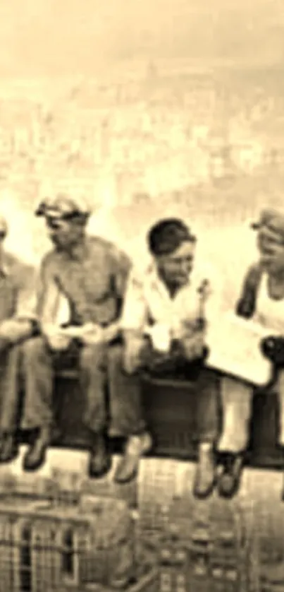 Vintage photo of workers on skyscraper beam.