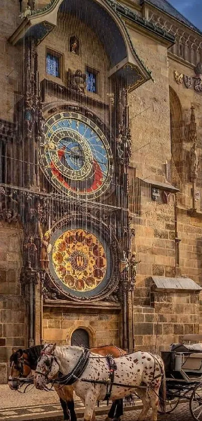 Prague Astronomical Clock with horse carriage, showcasing historic architecture.