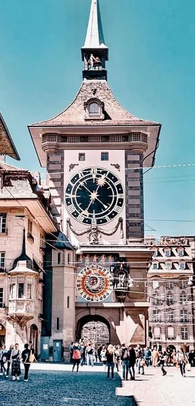 Historic clock tower under a teal sky with bustling urban scene.