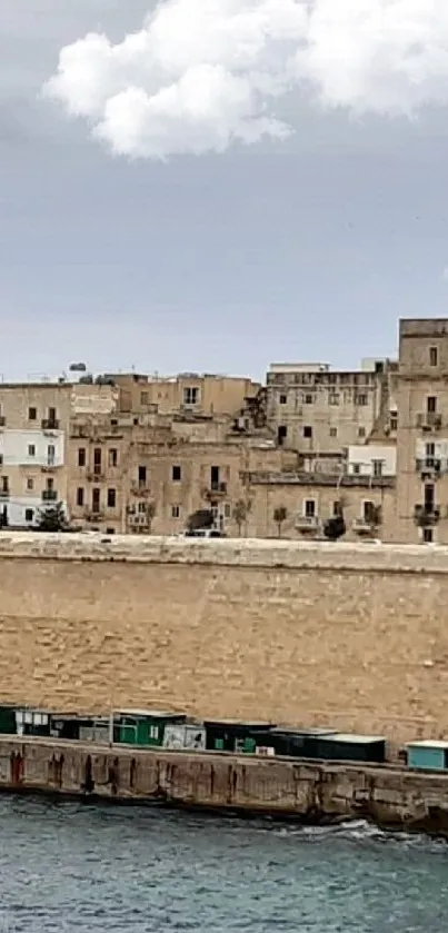 Historic coastal cityscape with ancient stone walls and ocean view.