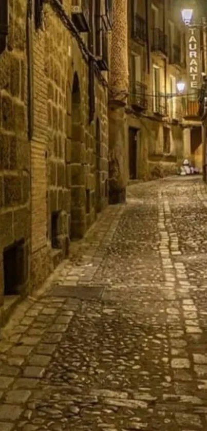 Serene cobblestone alleyway at night with glowing street lamps.