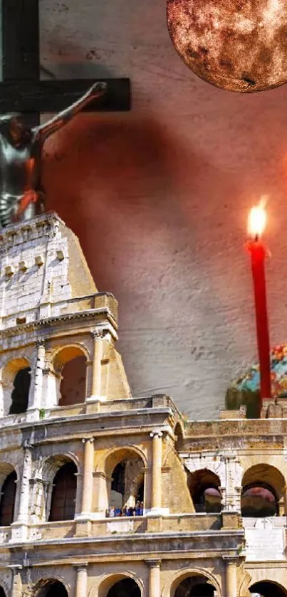 Colosseum and cross with candles set against a dramatic backdrop.