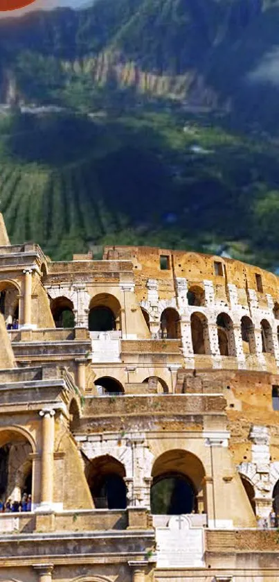 Mobile wallpaper of the Colosseum with a scenic landscape backdrop.