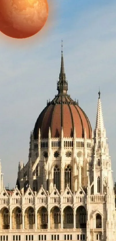 Historic building with spires and Mars in sky.