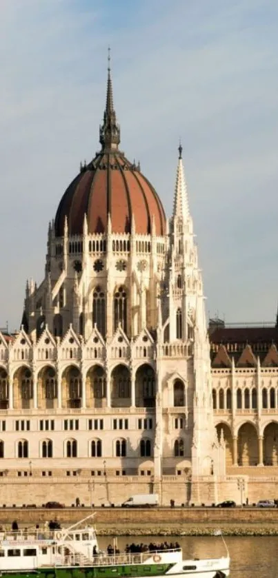 Hungarian Parliament reflecting in the river with a blue sky backdrop.