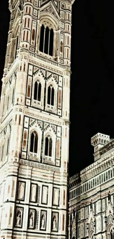 Night view of Florence's bell tower with intricate Gothic design.