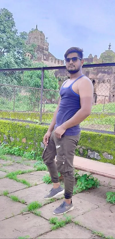 Man in garden with ancient building background.