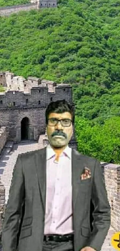 Great Wall of China with lush greenery and a person standing.