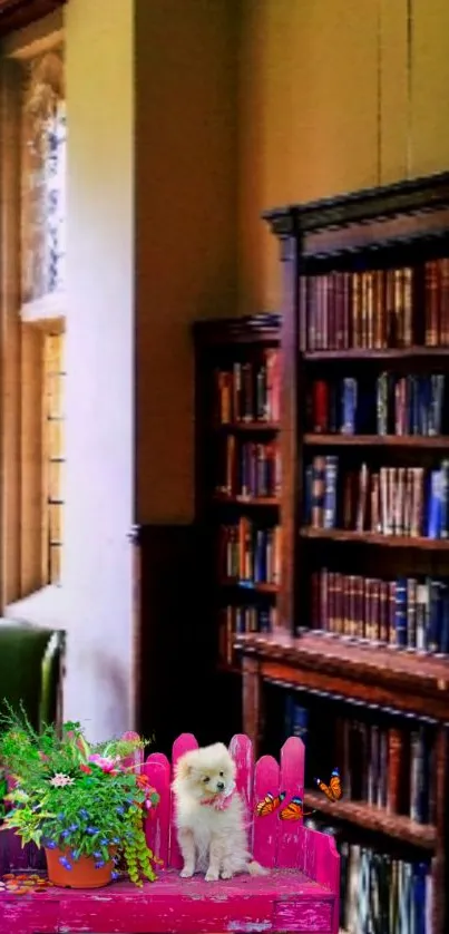Elegant library with bookshelves and floral decor for mobile wallpaper.