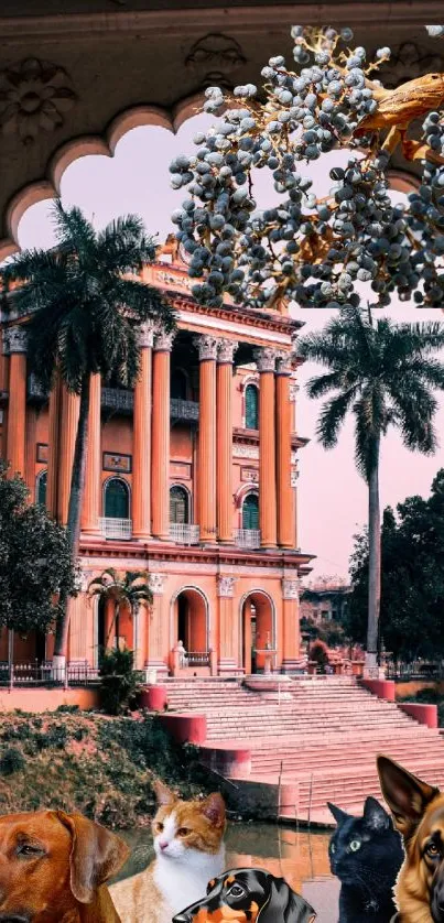 Historic mansion and pets in lush greenery.