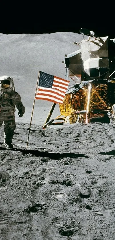 Astronaut on the moon with American flag and lunar module.