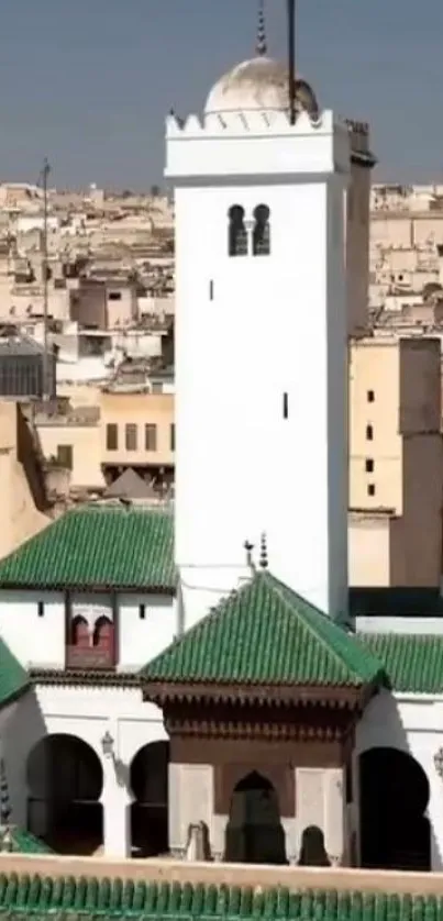 Scenic view of mosque with green rooftops and urban skyline.