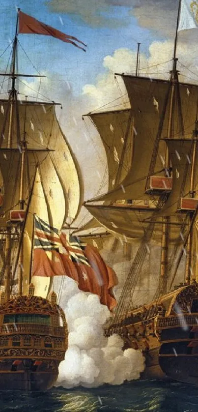 Historic depiction of ships in a naval battle at sea, with billowing sails.