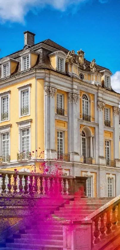 Elegant Baroque building with vibrant sky and colorful foreground.