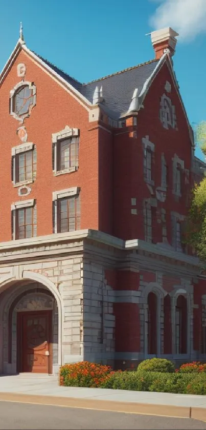 Historic red brick building with lush greenery and blue sky.