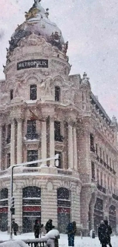 Snow-covered historic building in winter cityscape wallpaper.