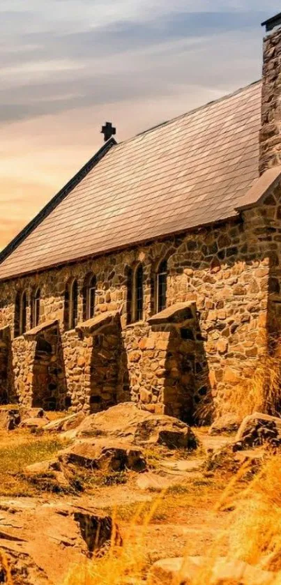 Historic stone church with sunset sky and warm hues.