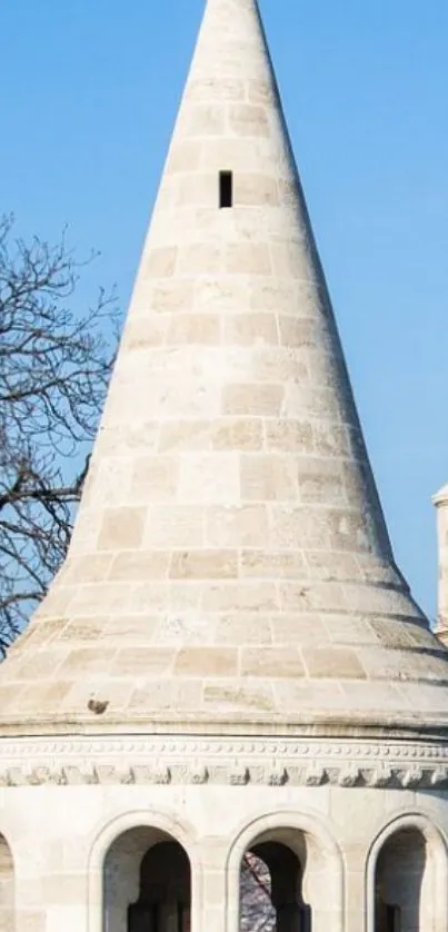 Historic stone tower under clear blue sky, elegant architectural design.