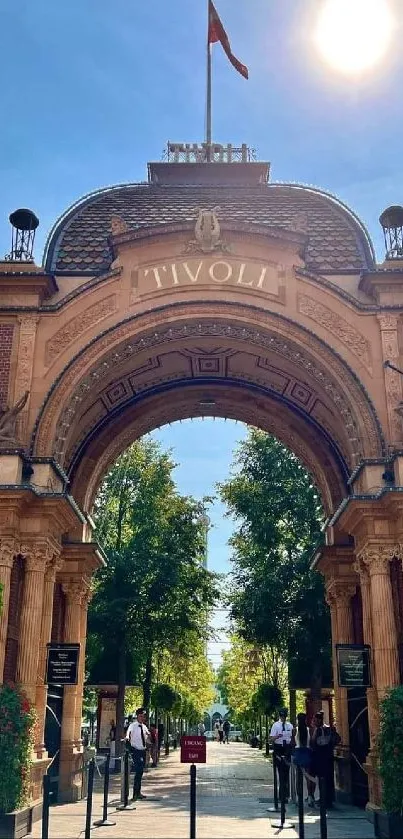 Sunlit entrance of Tivoli Gardens in Copenhagen.