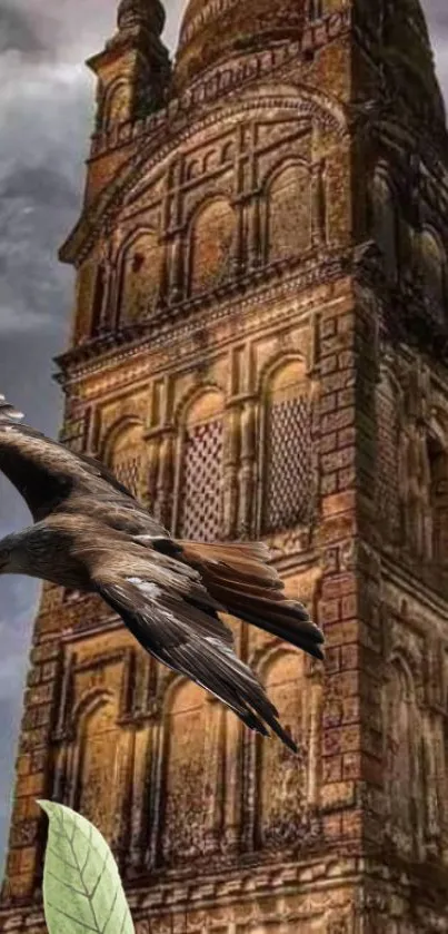 Wallpaper of a historic tower with a bird soaring in the foreground.