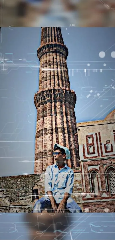 Person sitting by historic tower with digital overlay.