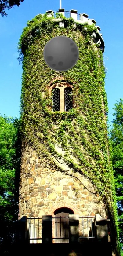 Ivy-covered stone tower surrounded by lush greenery and a blue sky.