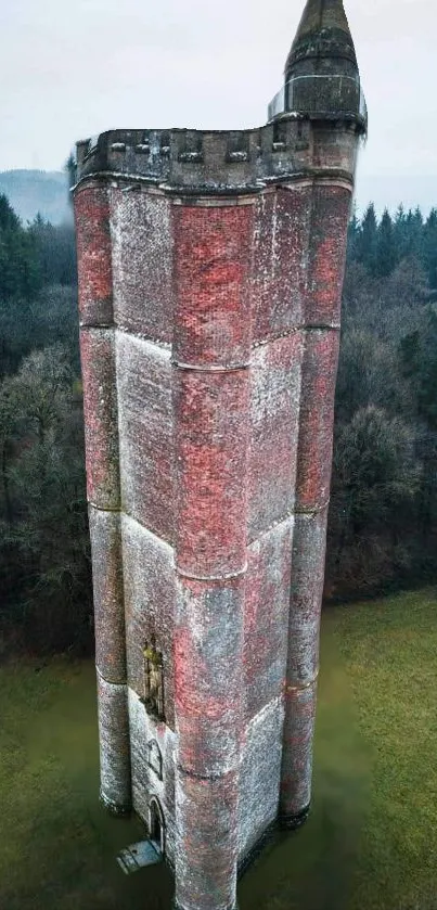 Aerial view of a historic tower surrounded by a misty forest.