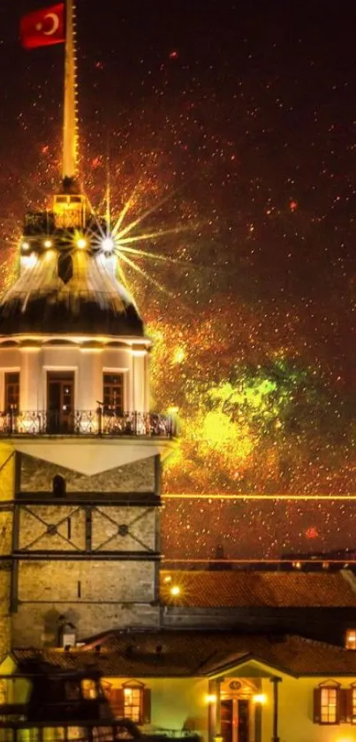 Historic tower with fireworks in night sky.