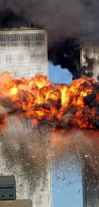 Explosive scene of Twin Towers impact bursting into flames and smoke.