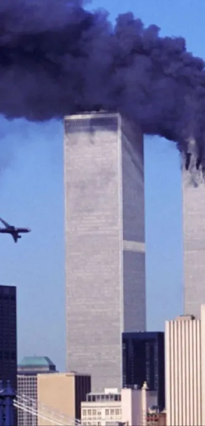 Airplane approaching Twin Towers in skyline scene.