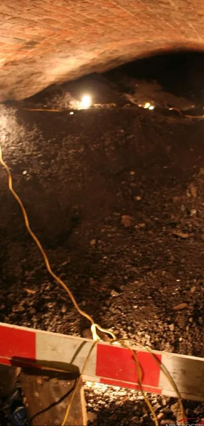 Underground tunnel with dim lighting illuminating brick walls.