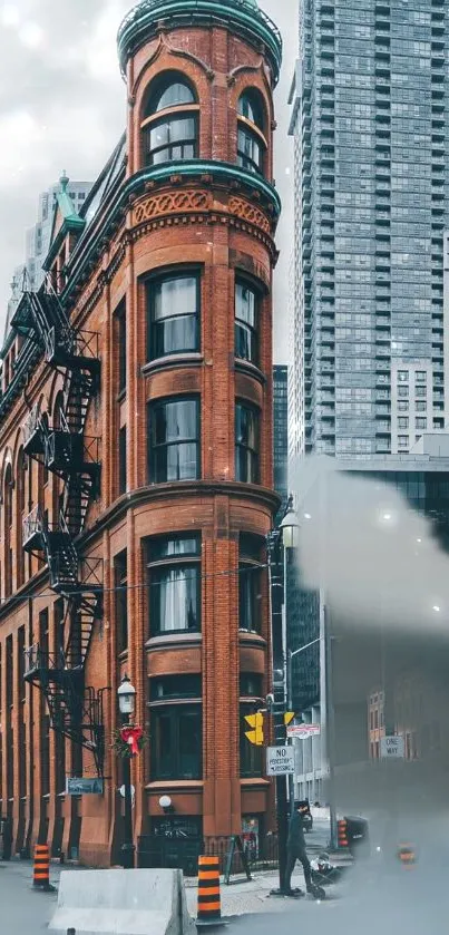 Historic red-brick building in modern cityscape wallpaper.