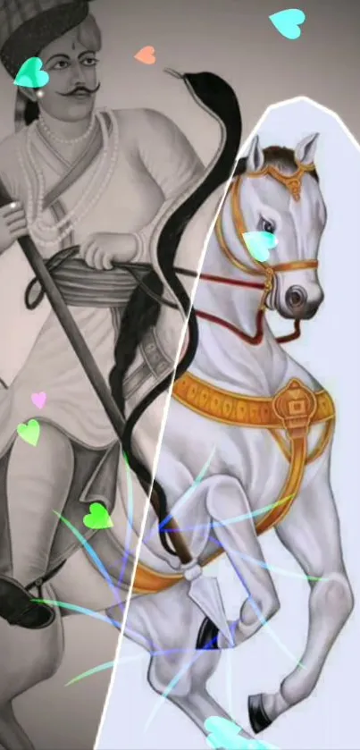 Artistic wallpaper of a historic warrior with a horse and colorful hearts.