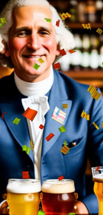 Historical figure enjoying beer with colorful confetti in a bar setting.