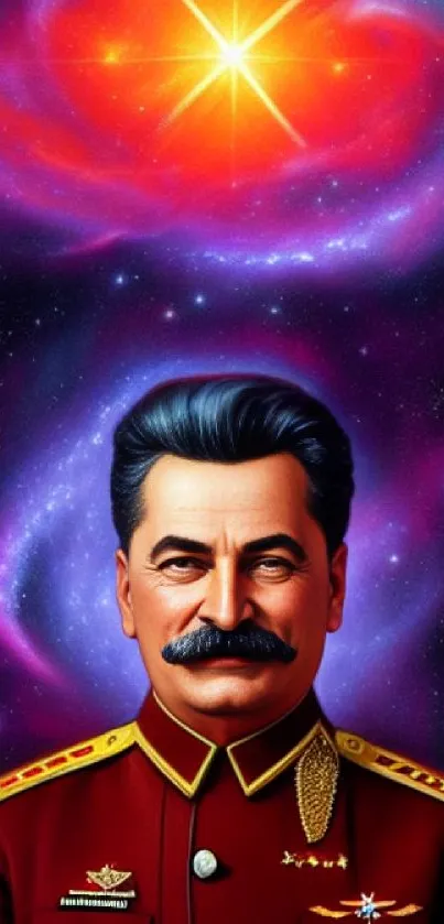 Illustration of a historical figure with a cosmic galaxy background.