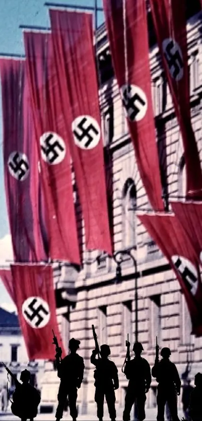 Silhouetted soldiers with historic flags against an urban backdrop.