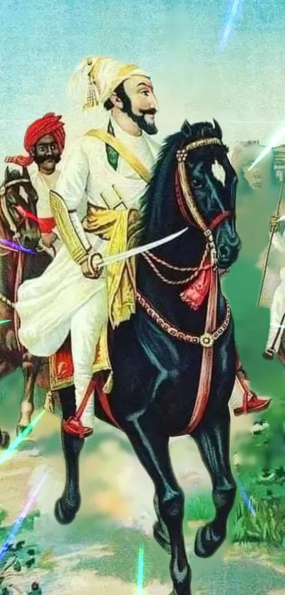 Historical artwork of riders on horseback with vibrant colors and traditional attire.