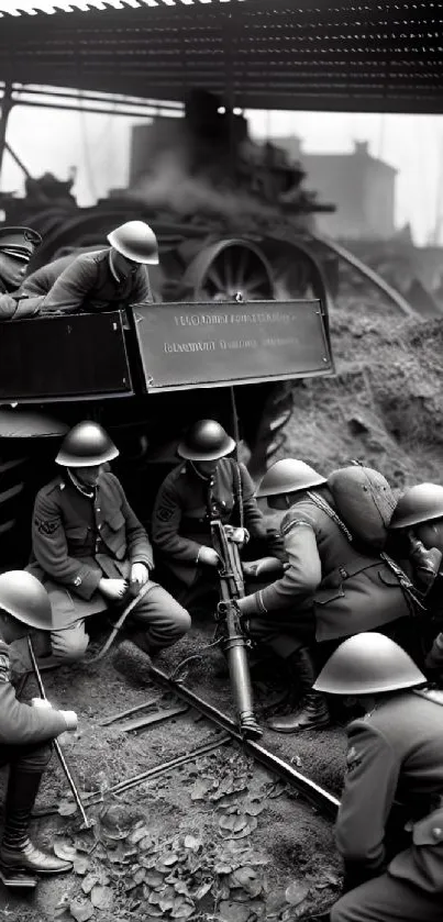 Black and white military strategy scene with soldiers.