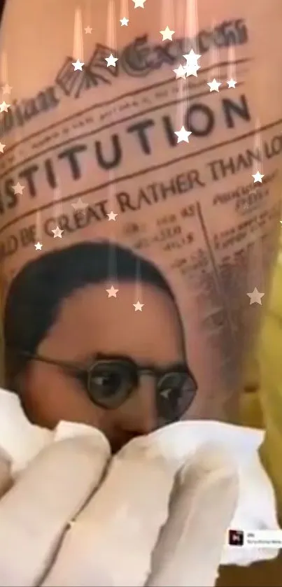 Tattoo of historical figure with newspaper design.