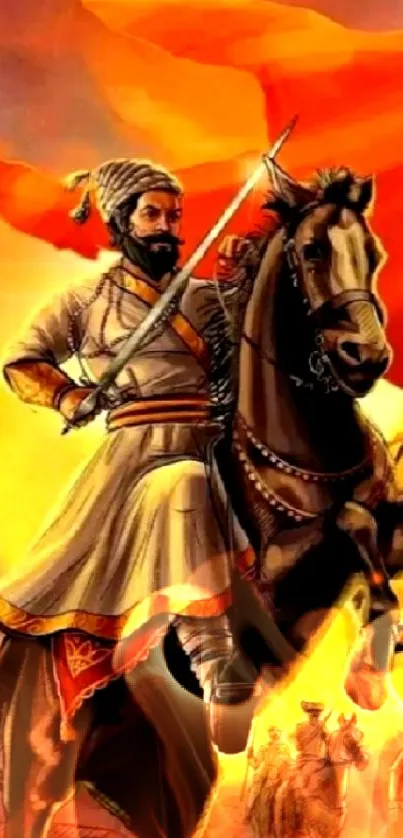 Vibrant wallpaper depicting historical warrior on horseback with flags.