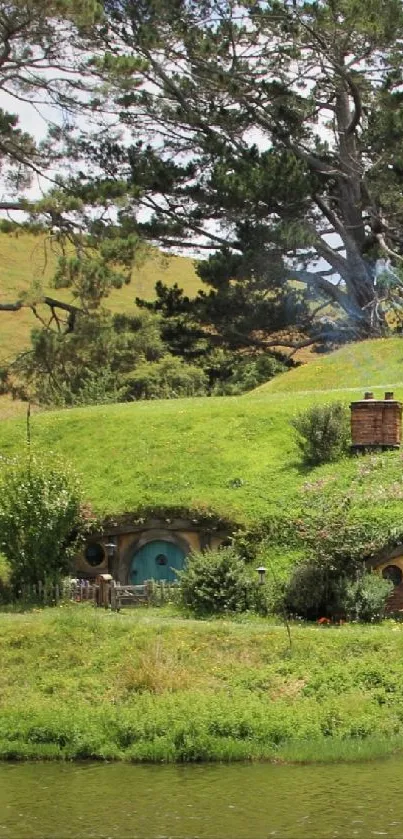 Hobbit house with green landscape and tranquil environment.