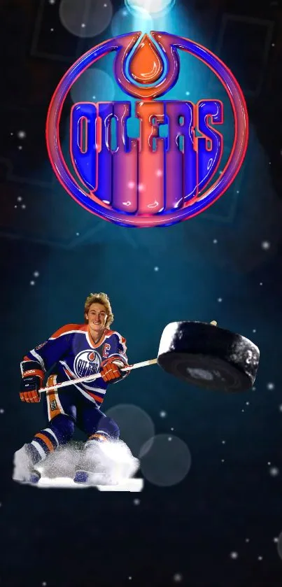 Hockey player in action with Oilers logo in vibrant mobile wallpaper.