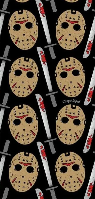 Horror wallpaper with hockey masks and bloody machetes on a black background.