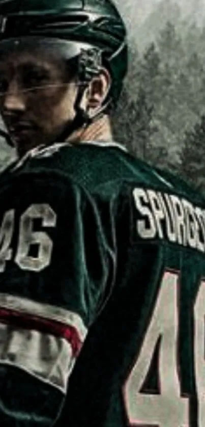 Hockey player in dark jersey with forest backdrop.