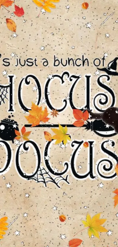 Hocus Pocus mobile wallpaper with autumn leaves and a mystical theme.