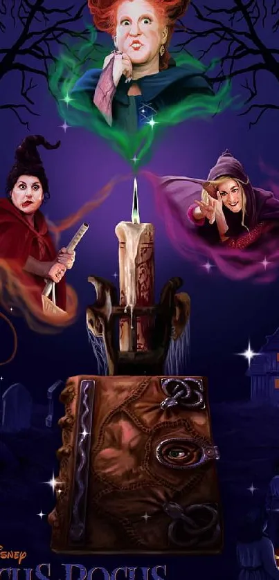 Hocus Pocus inspired wallpaper with witches and mystical elements.