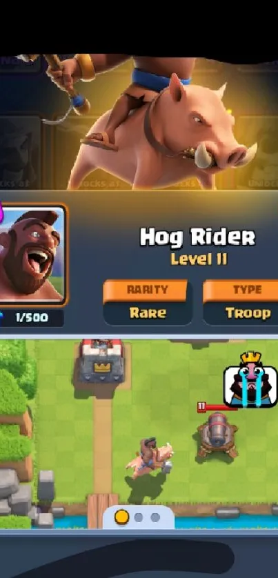 Hog Rider Clash Royale mobile wallpaper with gaming elements.