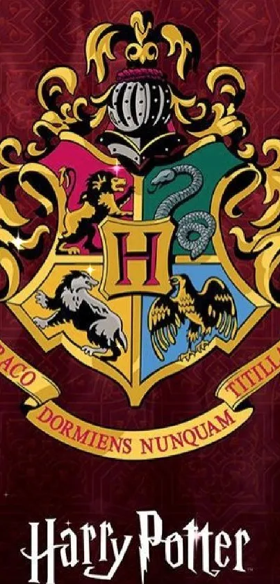 Hogwarts crest mobile wallpaper in deep maroon with vibrant house colors.